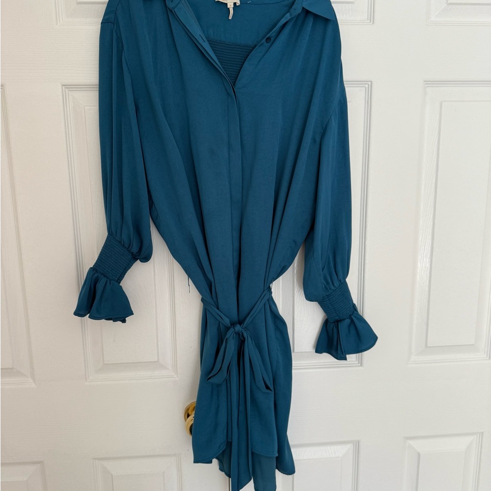 Maje Blue Button Down Shirt with Notched Collar and Tie Front